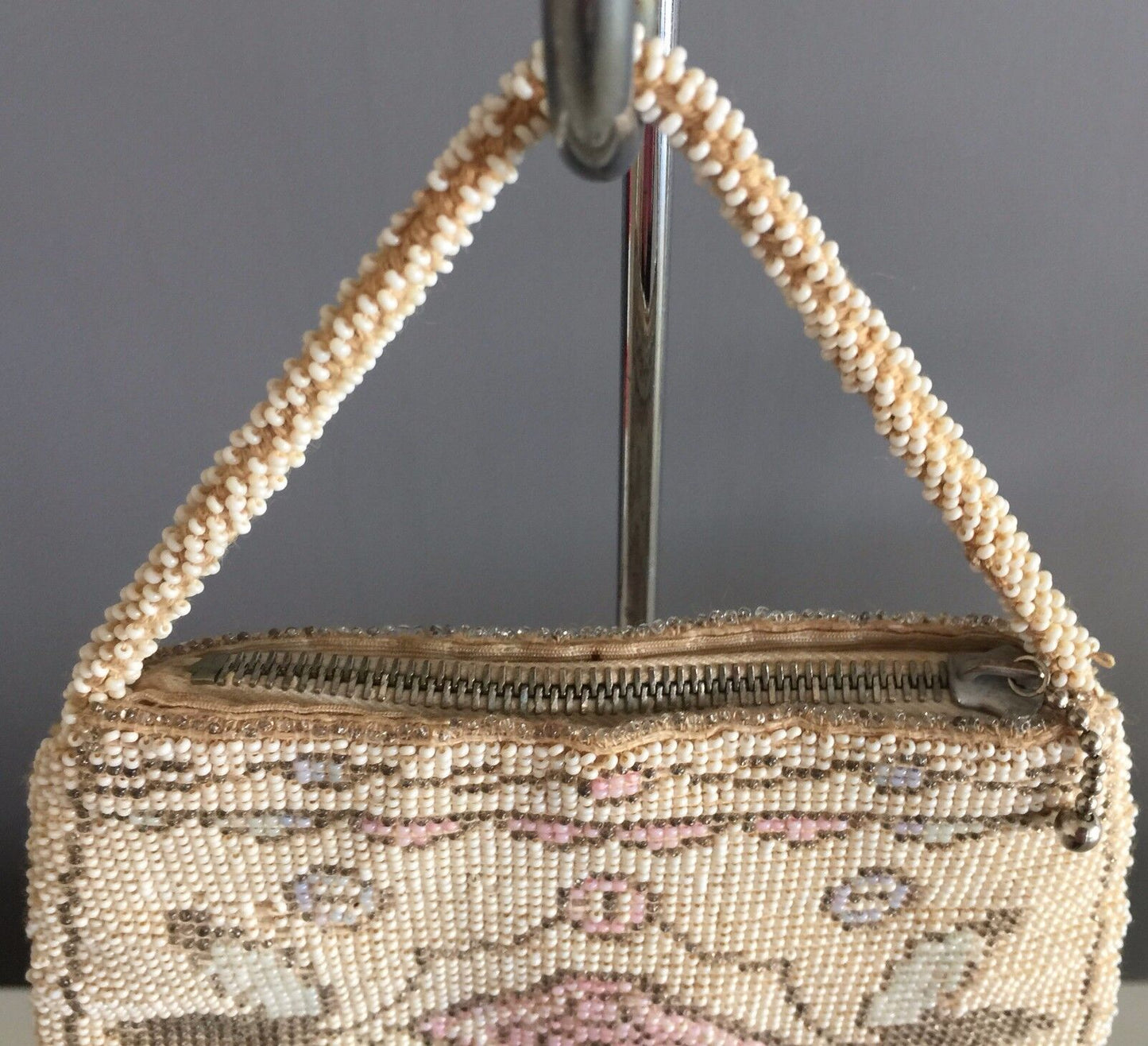 Vintage Evening Bag Bead HandBag Purse Czechoslovakia Beige White Pink Pewter