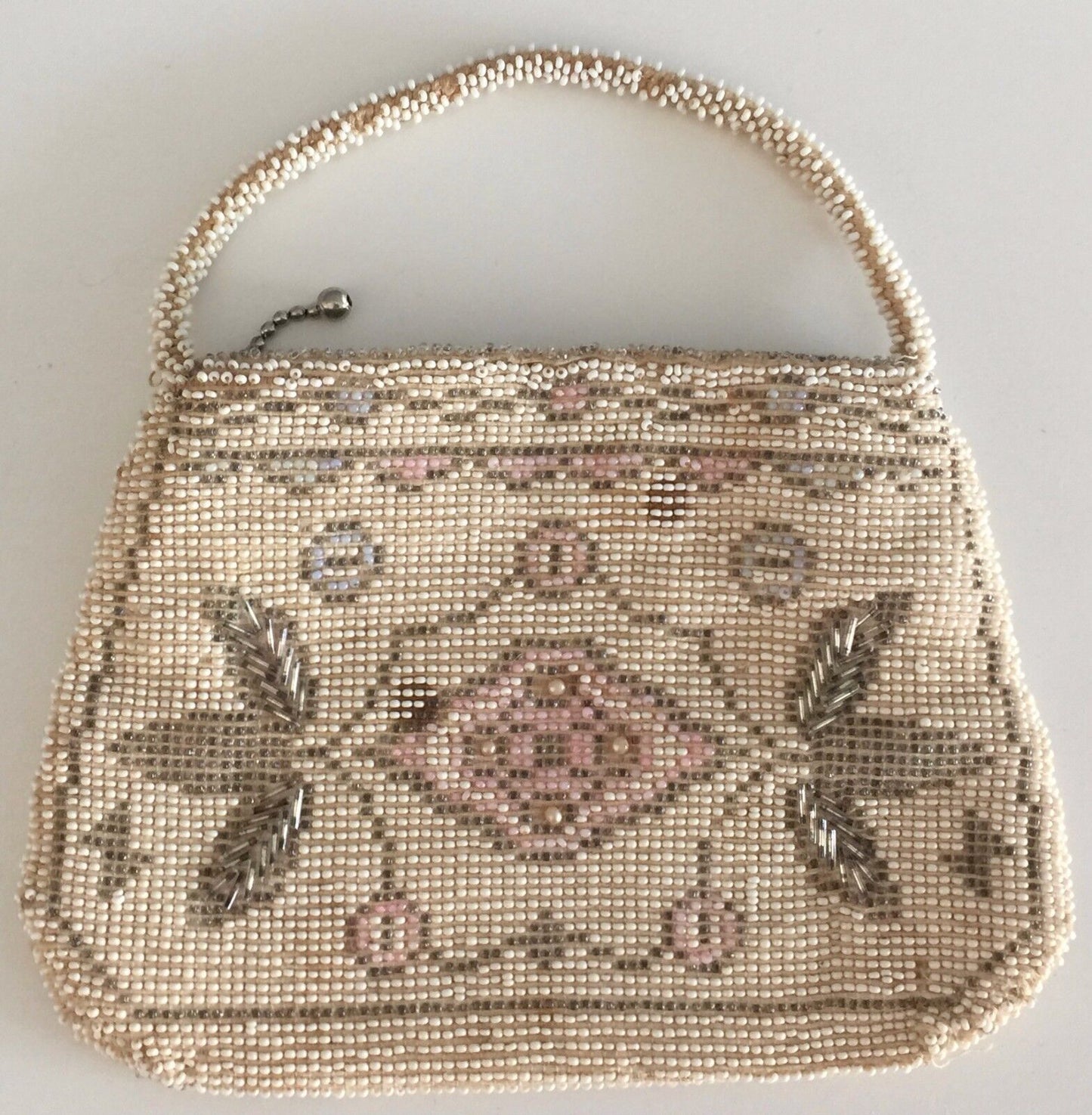 Vintage Evening Bag Bead HandBag Purse Czechoslovakia Beige White Pink Pewter