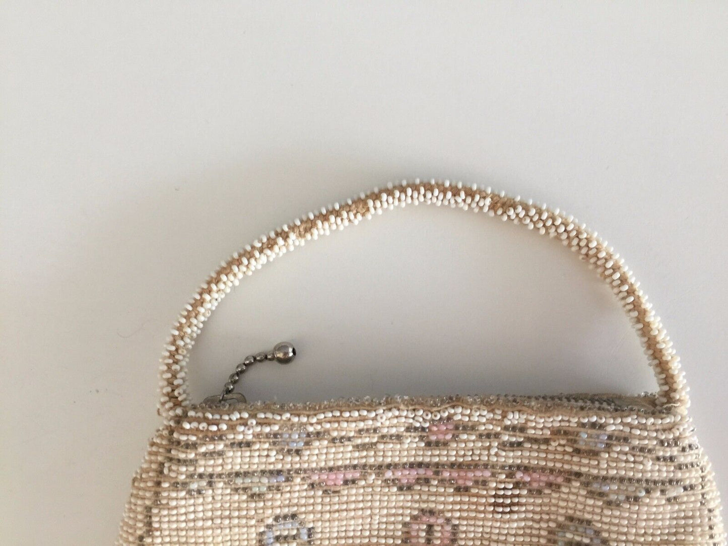 Vintage Evening Bag Bead HandBag Purse Czechoslovakia Beige White Pink Pewter