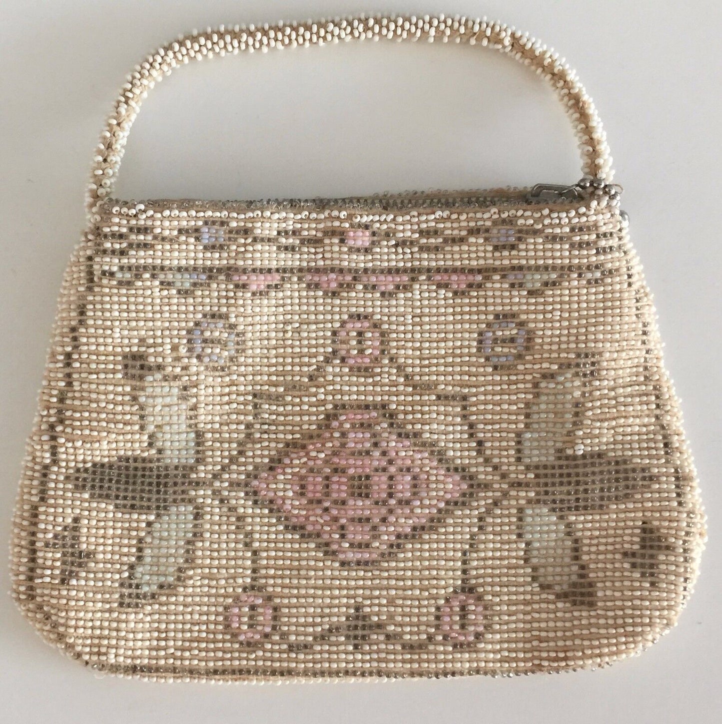 Vintage Evening Bag Bead HandBag Purse Czechoslovakia Beige White Pink Pewter