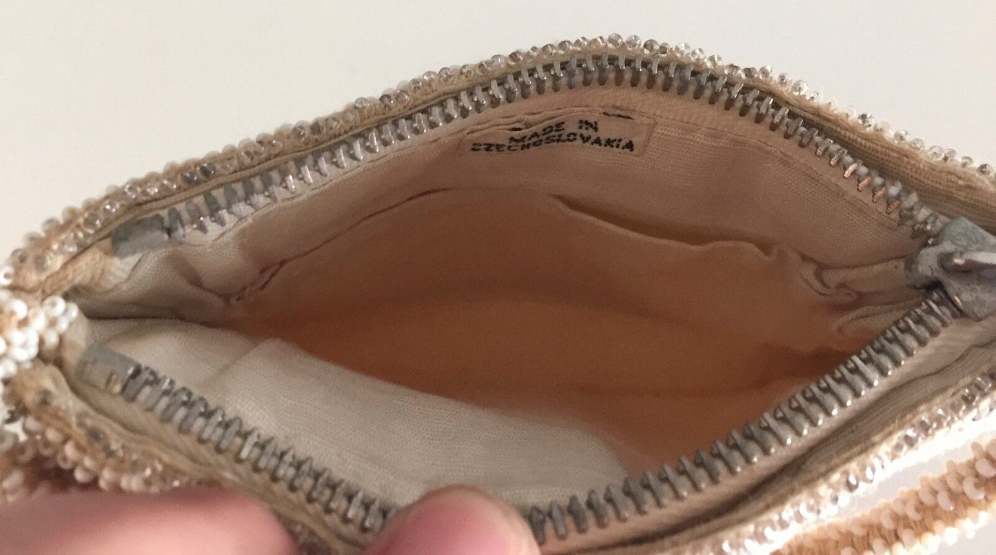 Vintage Evening Bag Bead HandBag Purse Czechoslovakia Beige White Pink Pewter