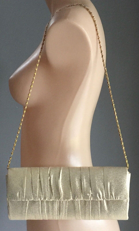 OLGA BERG Handbag Gold Fabric Clutch Shoulder Evening Bag w Chain Retro Gem