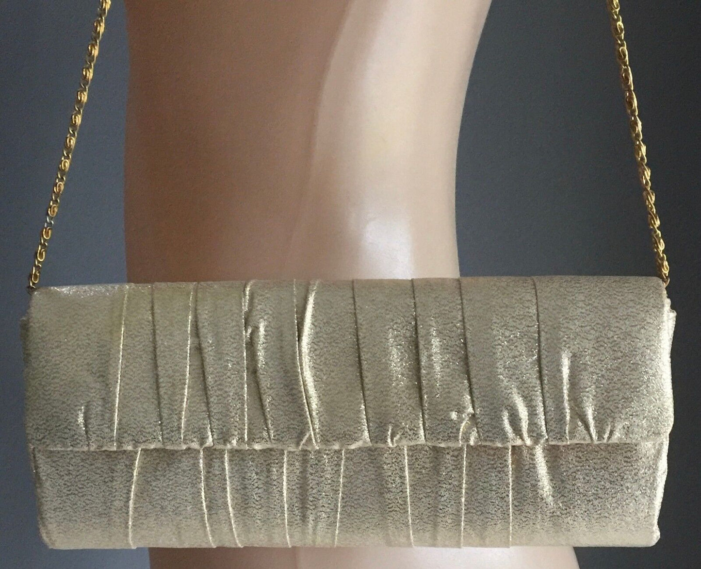 OLGA BERG Handbag Gold Fabric Clutch Shoulder Evening Bag w Chain Retro Gem