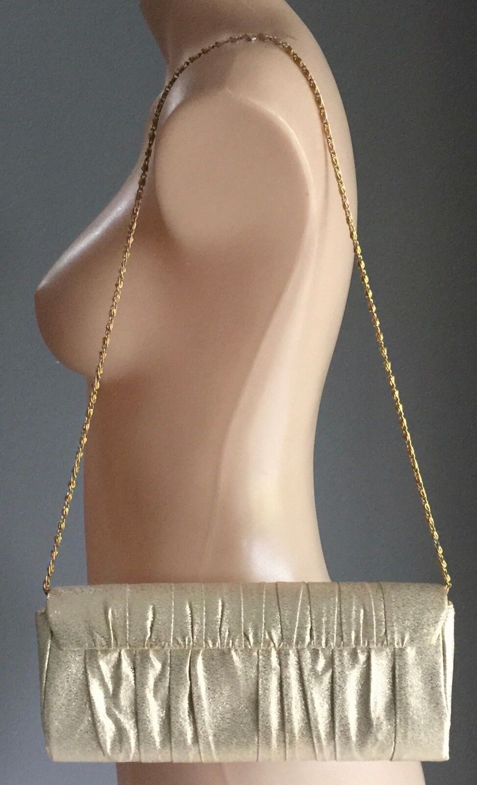 OLGA BERG Handbag Gold Fabric Clutch Shoulder Evening Bag w Chain Retro Gem
