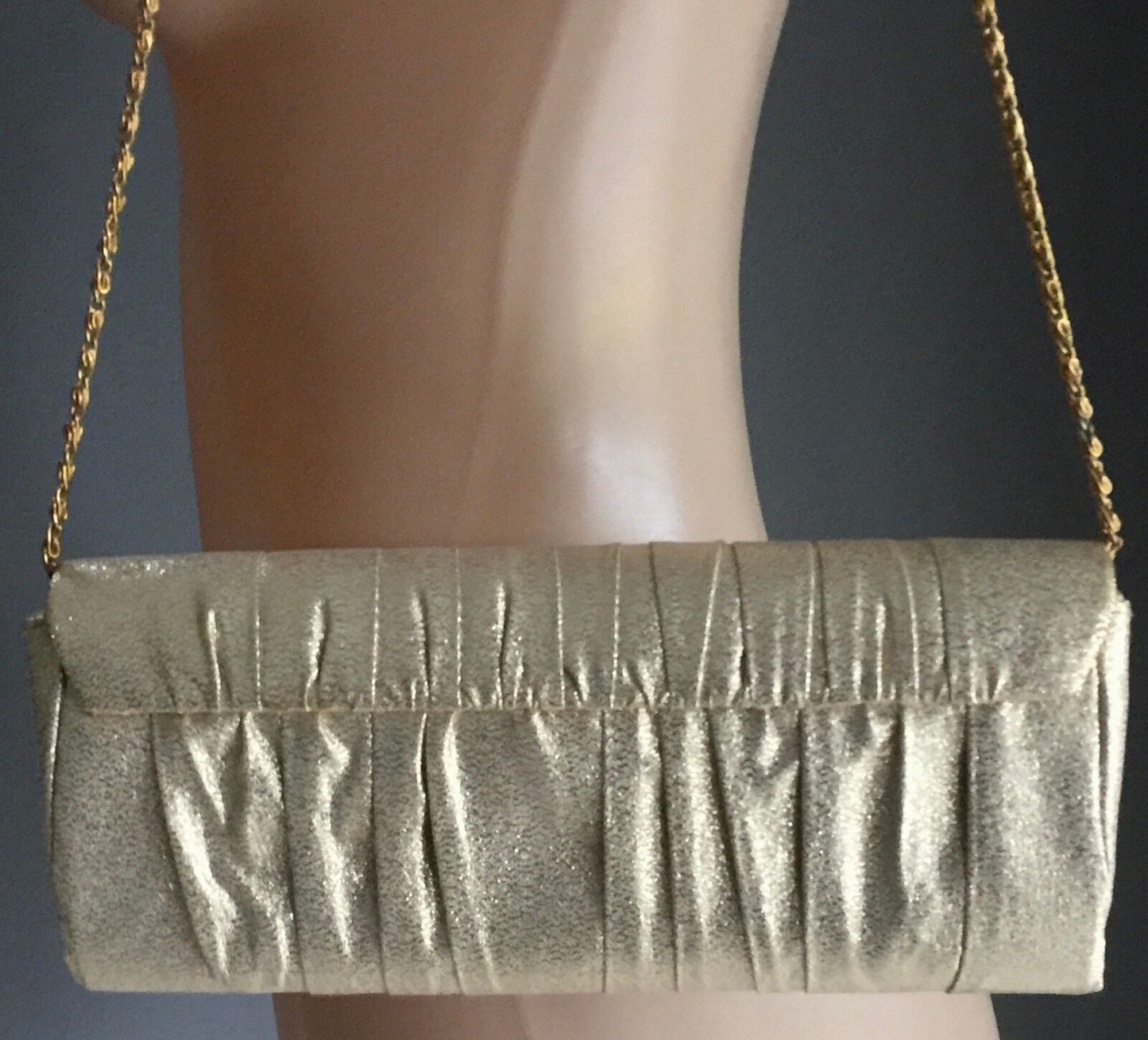 OLGA BERG Handbag Gold Fabric Clutch Shoulder Evening Bag w Chain Retro Gem