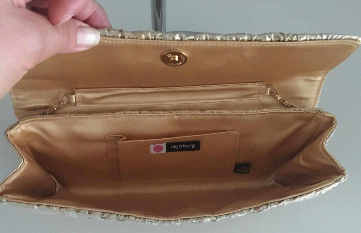 OLGA BERG Handbag Gold Fabric Clutch Shoulder Evening Bag w Chain Retro Gem