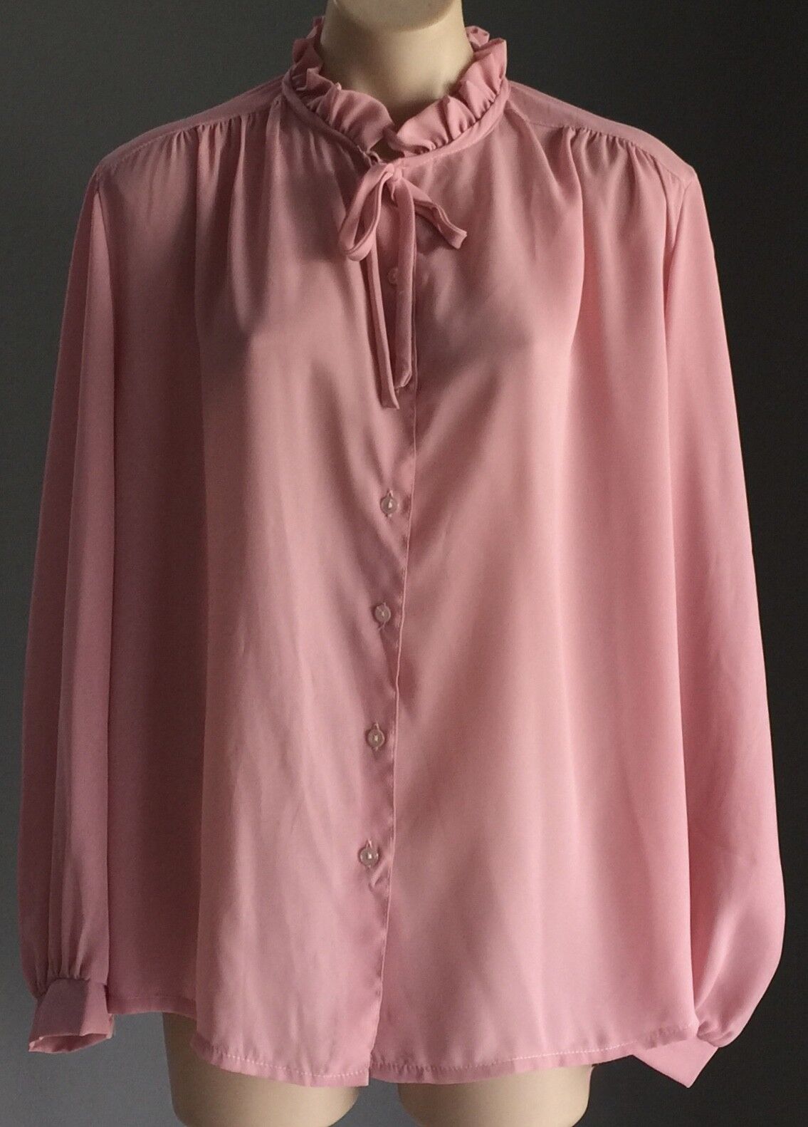 JACKY L Blouse Pussy Bow High Frill Neck Dusty Pink Top Plus Size 18 1980's