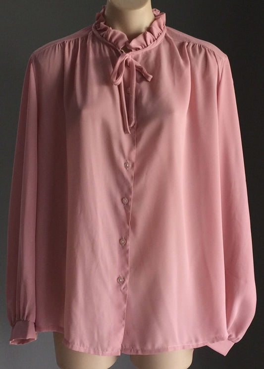 JACKY L Blouse Pussy Bow High Frill Neck Dusty Pink Top Plus Size 18 1980's
