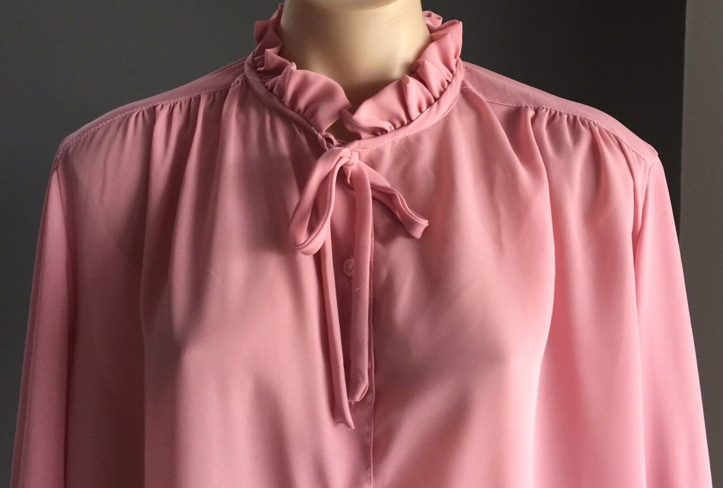 JACKY L Blouse Pussy Bow High Frill Neck Dusty Pink Top Plus Size 18 1980's