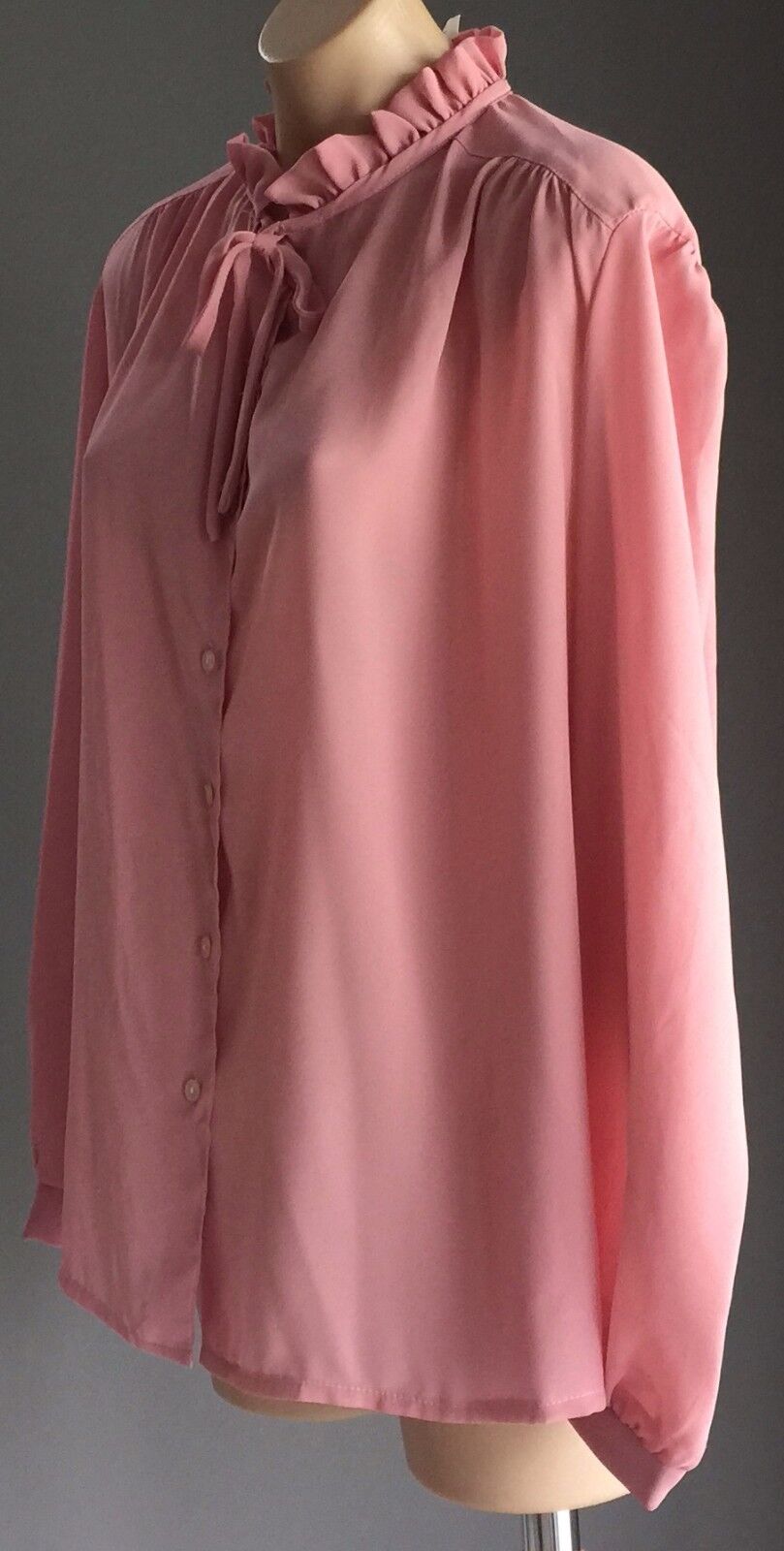 JACKY L Blouse Pussy Bow High Frill Neck Dusty Pink Top Plus Size 18 1980's