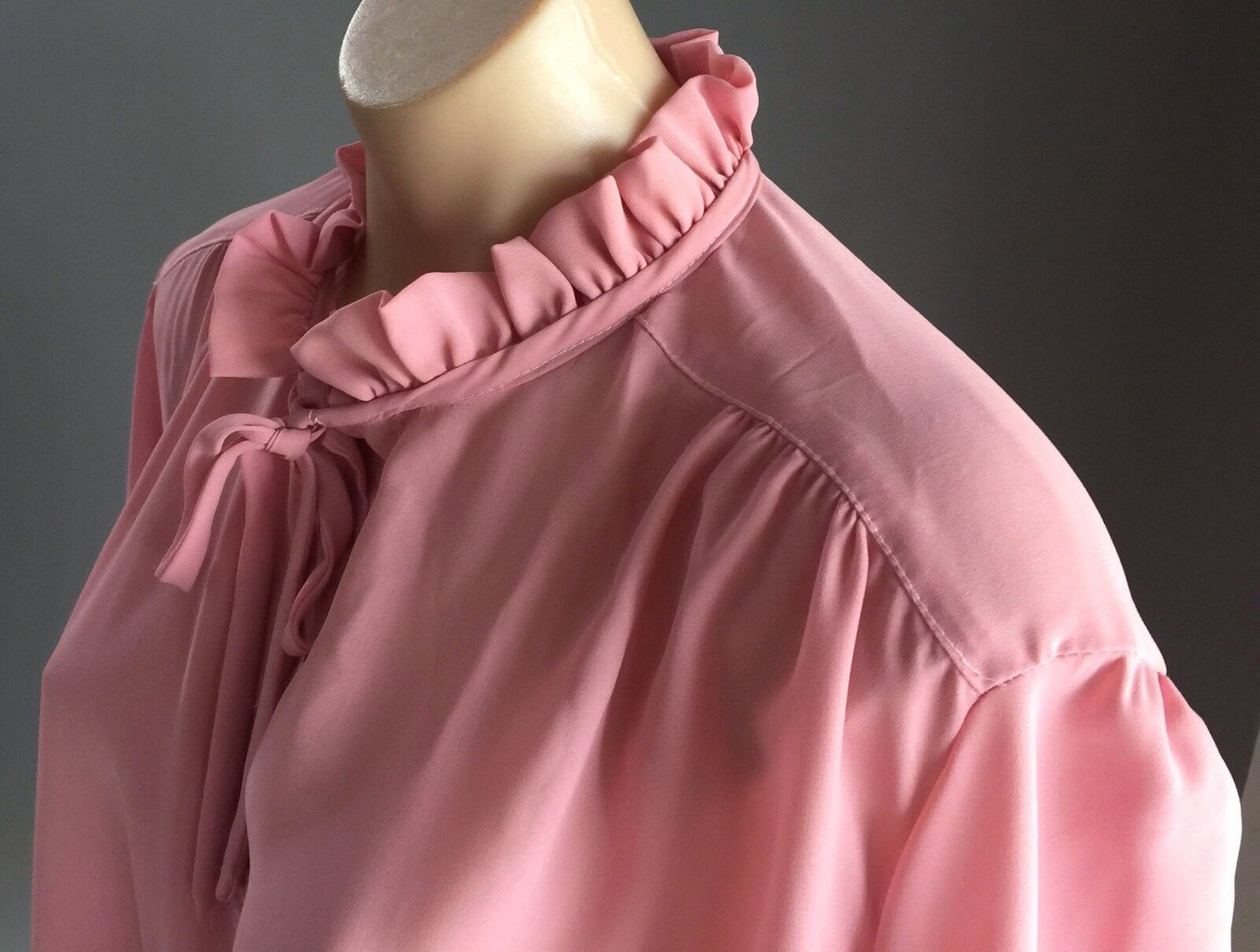 JACKY L Blouse Pussy Bow High Frill Neck Dusty Pink Top Plus Size 18 1980's
