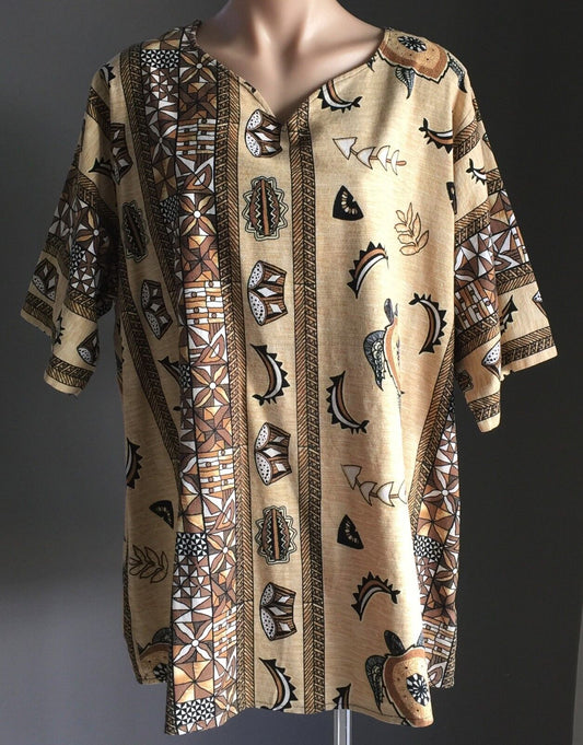 Boho Tribal Print KAFTAN TOP S/S Brown Black & White Blouse Plus Size 22 24