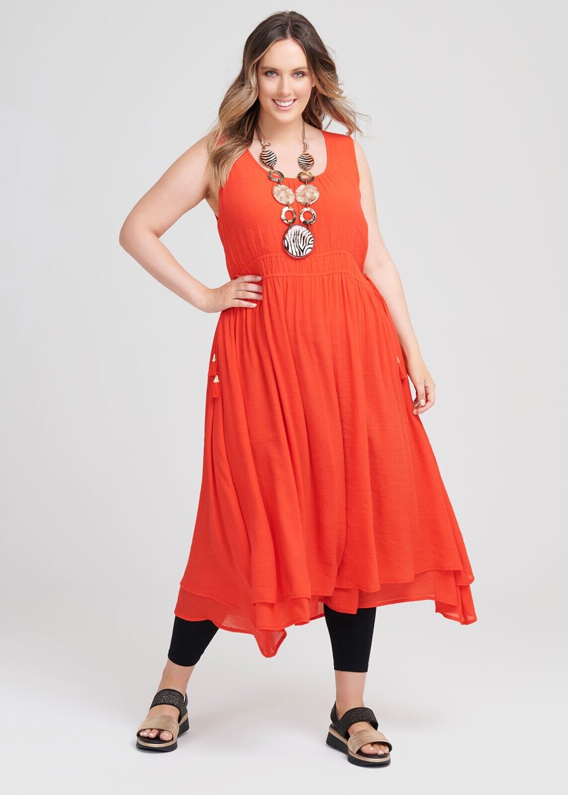 VIRTUELLE TAKING SHAPE TS Sun Blazing Midi Dress Orange Africa Calling Sz 20 NEW