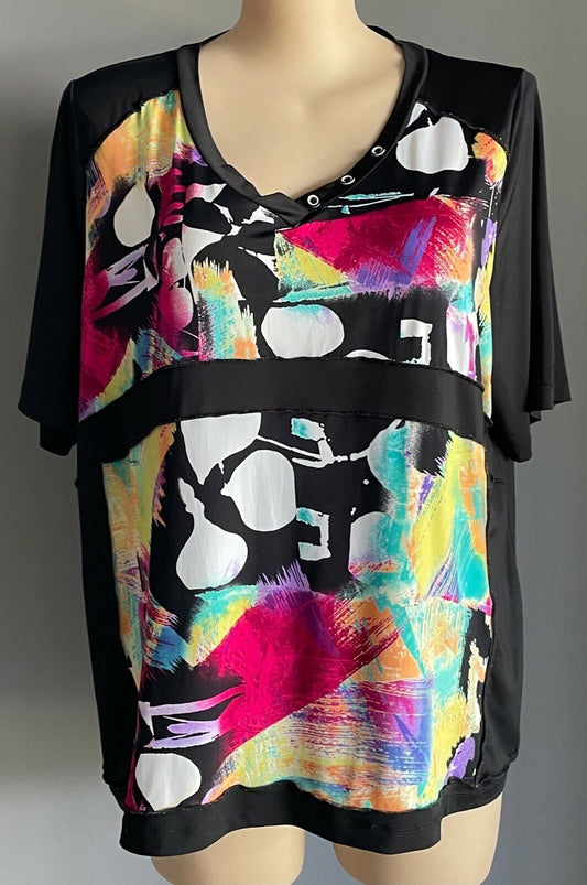 TAKING SHAPE TS Top Button Trim Black & Colour Abstract Short Sleeve Plus Size L