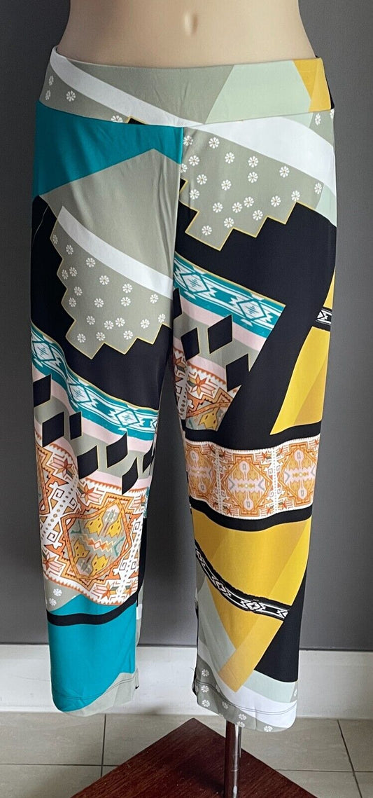 TS Lounge Pants Colourful "Aztec" Print Elastic Waist Stretch Wide Leg Sz 24 NEW