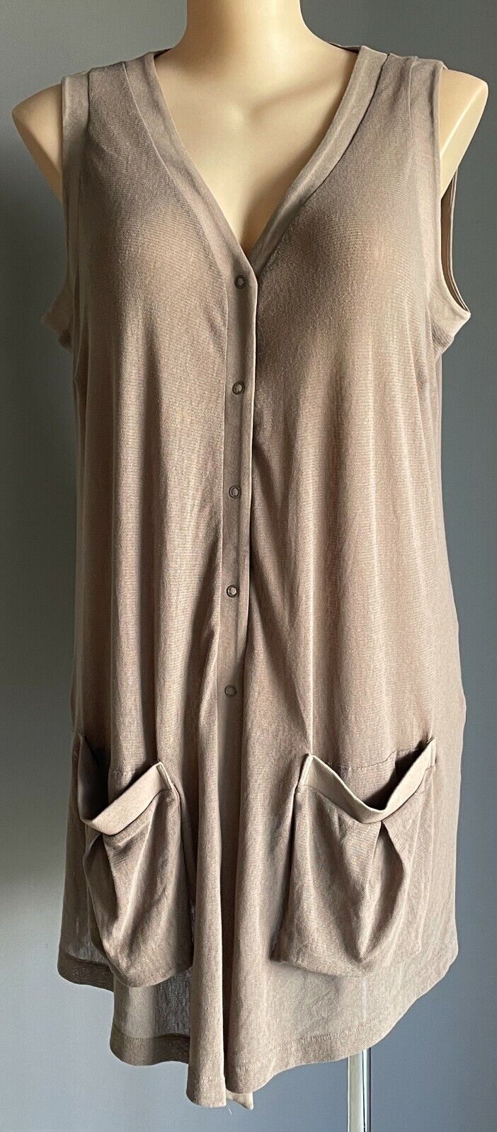 TAKING SHAPE TS Long Cardigan Stud Button Brown Sleeveless Stretch Net Plus Sz M