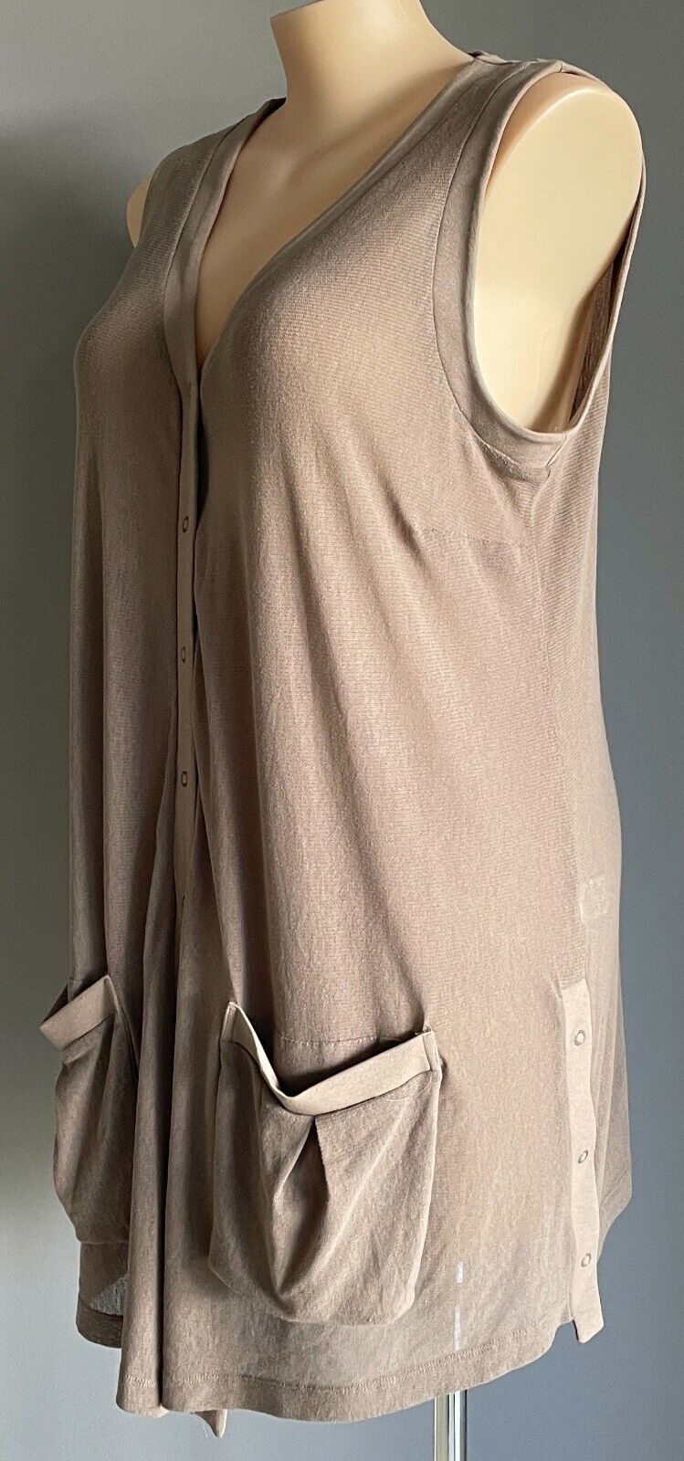 TAKING SHAPE TS Long Cardigan Stud Button Brown Sleeveless Stretch Net Plus Sz M
