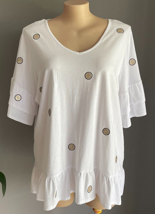 VIRTUELLE TAKING SHAPE White Short Sleeve Sparkle Spot Blouse Tier Hem Size XL