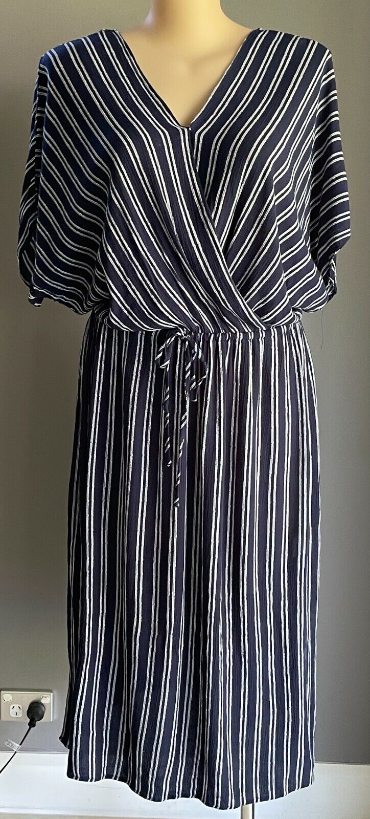AUTOGRAPH Dress Midi Navy & White Stripe Short Sleeve Wrap Elastic Waist Size 16