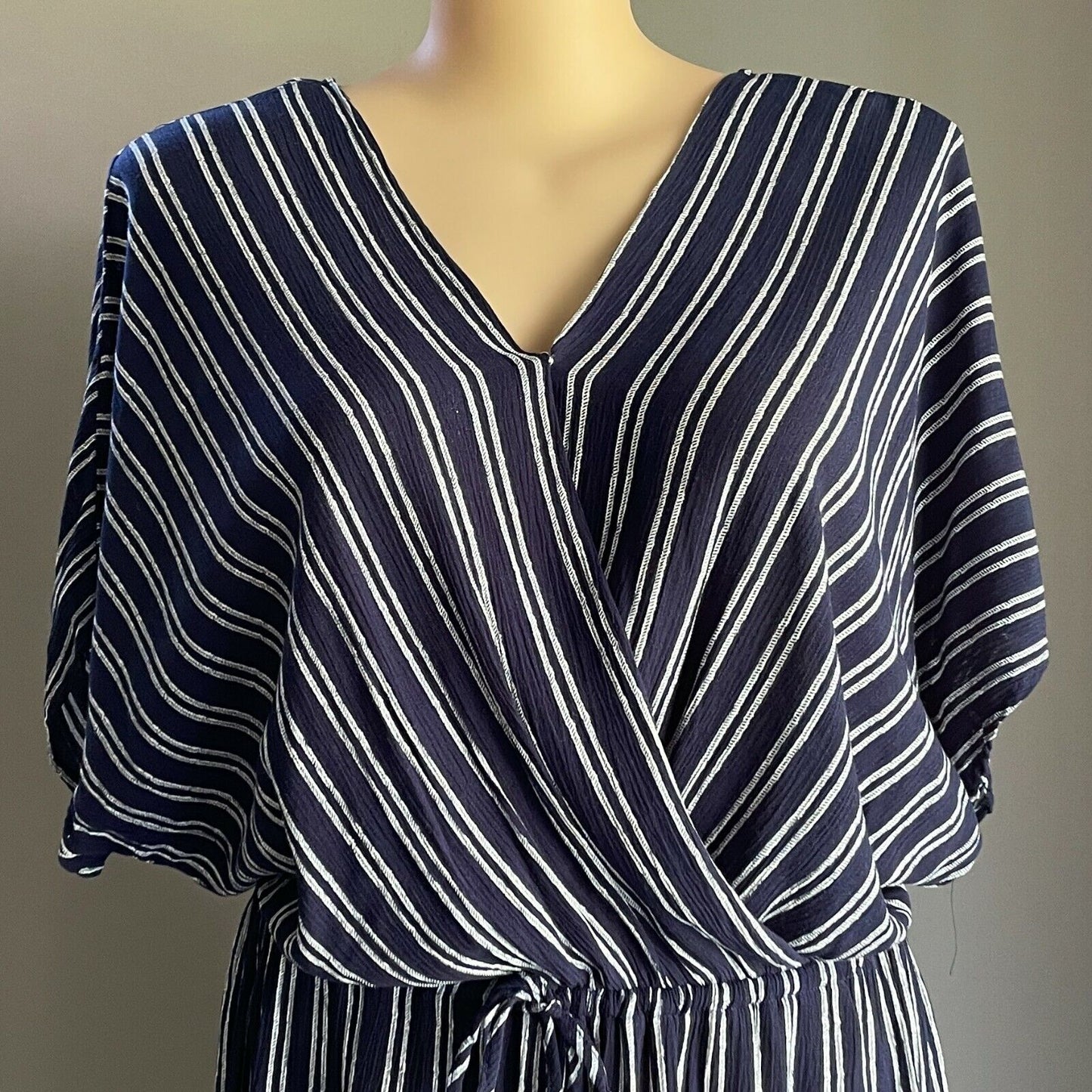 AUTOGRAPH Dress Midi Navy & White Stripe Short Sleeve Wrap Elastic Waist Size 16