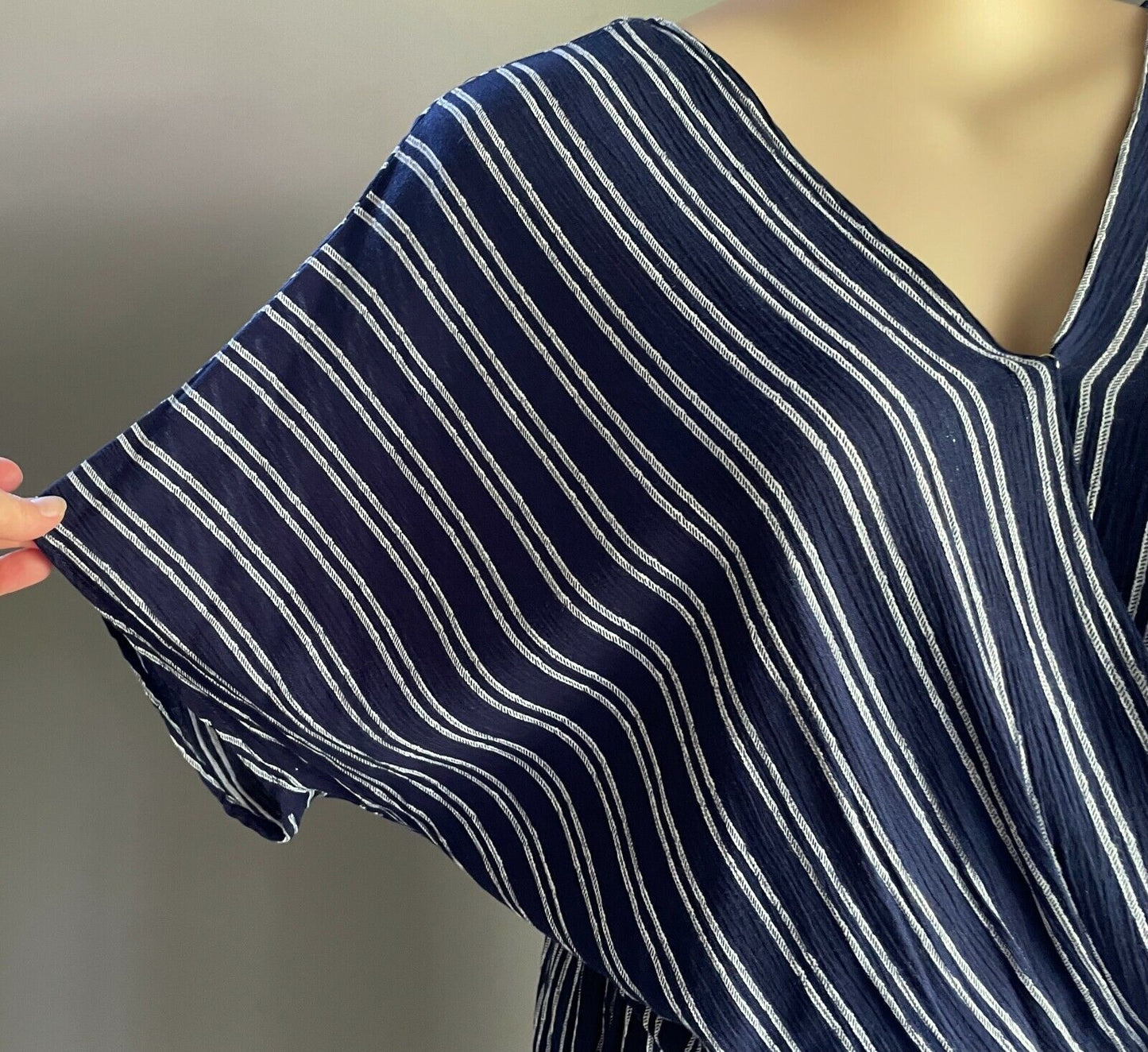 AUTOGRAPH Dress Midi Navy & White Stripe Short Sleeve Wrap Elastic Waist Size 16