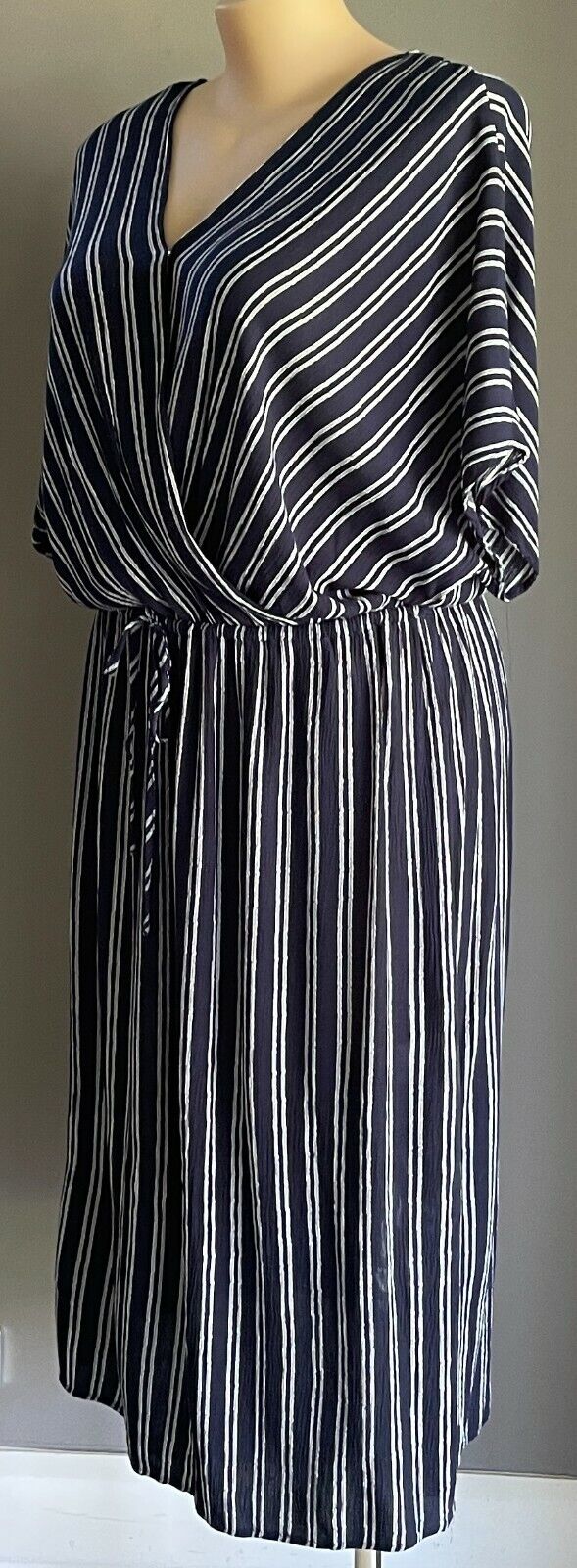 AUTOGRAPH Dress Midi Navy & White Stripe Short Sleeve Wrap Elastic Waist Size 16