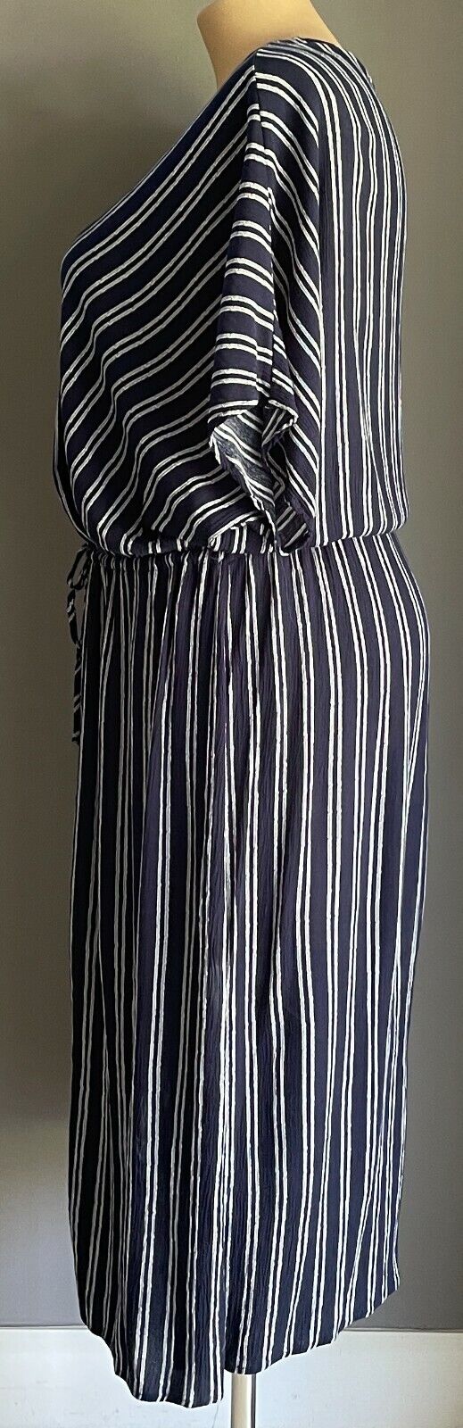 AUTOGRAPH Dress Midi Navy & White Stripe Short Sleeve Wrap Elastic Waist Size 16