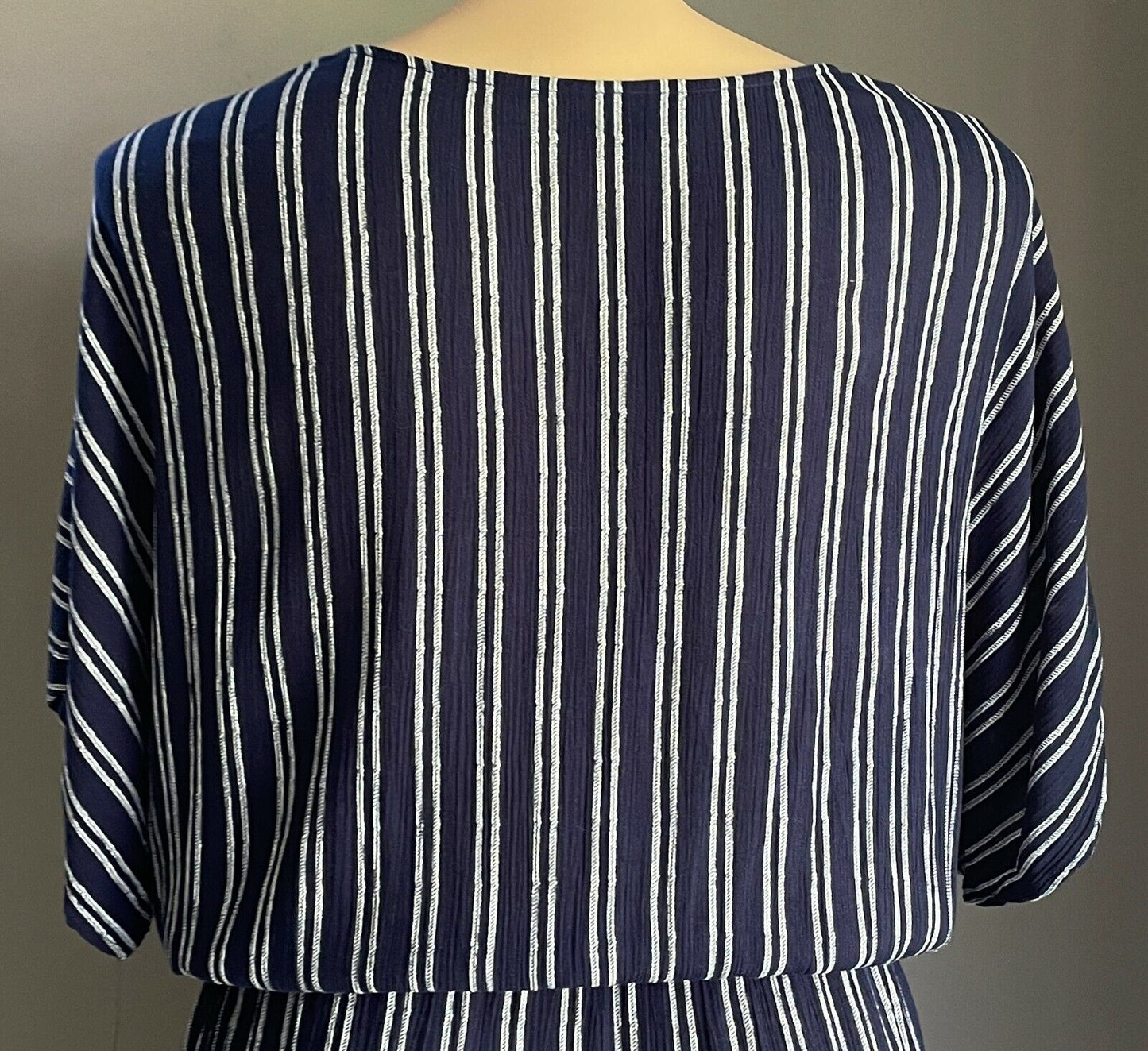 AUTOGRAPH Dress Midi Navy & White Stripe Short Sleeve Wrap Elastic Waist Size 16