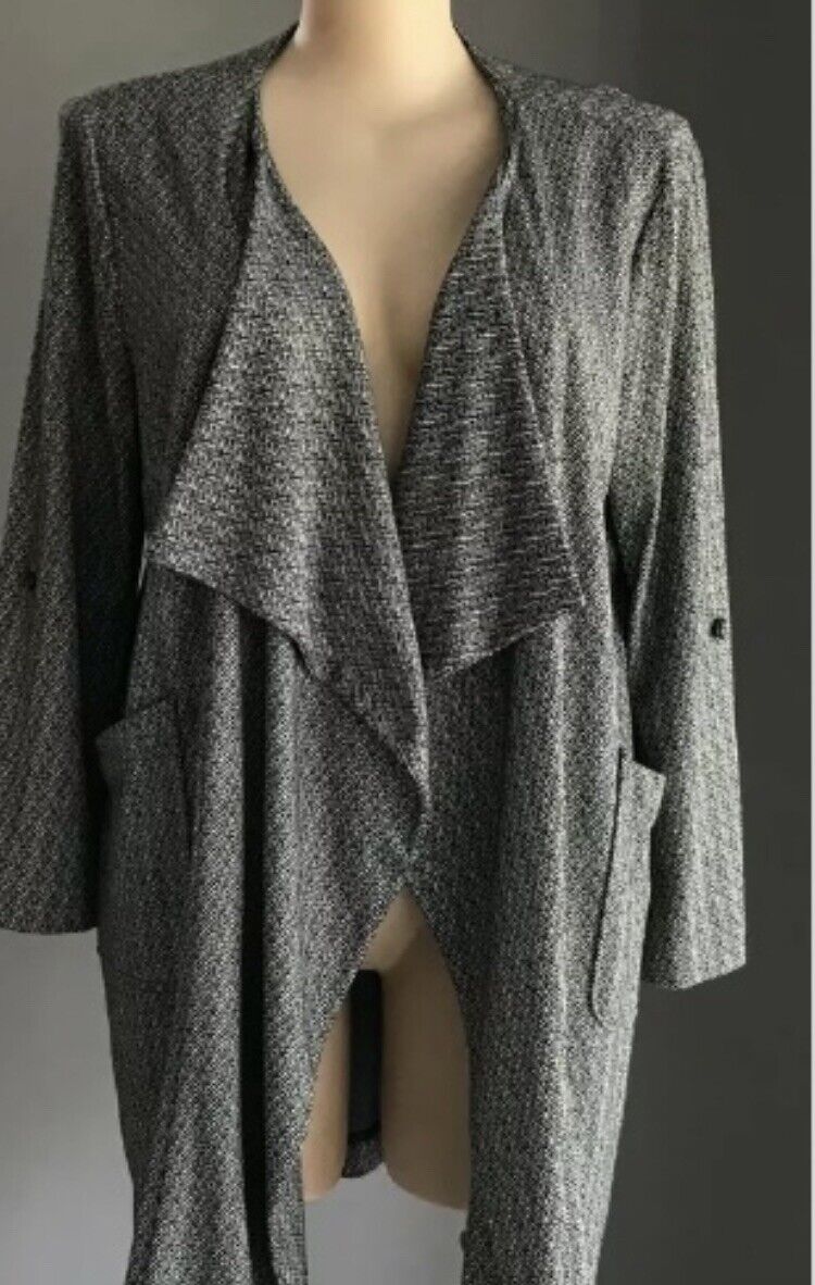AUTOGRAPH Jacket Drape Open Grey & Black Herringbone Fabric Long Sleeve Size 16