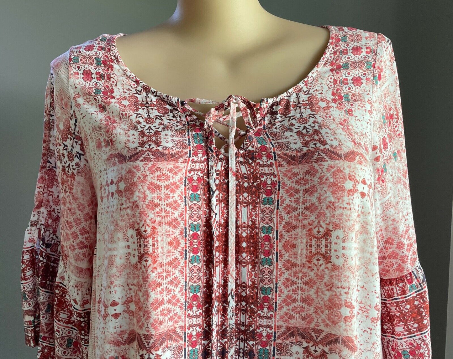 AUTOGRAPH Dress A-Line Rust Coral Pink Green White Print 3/4 Bell Sleeve Size 14