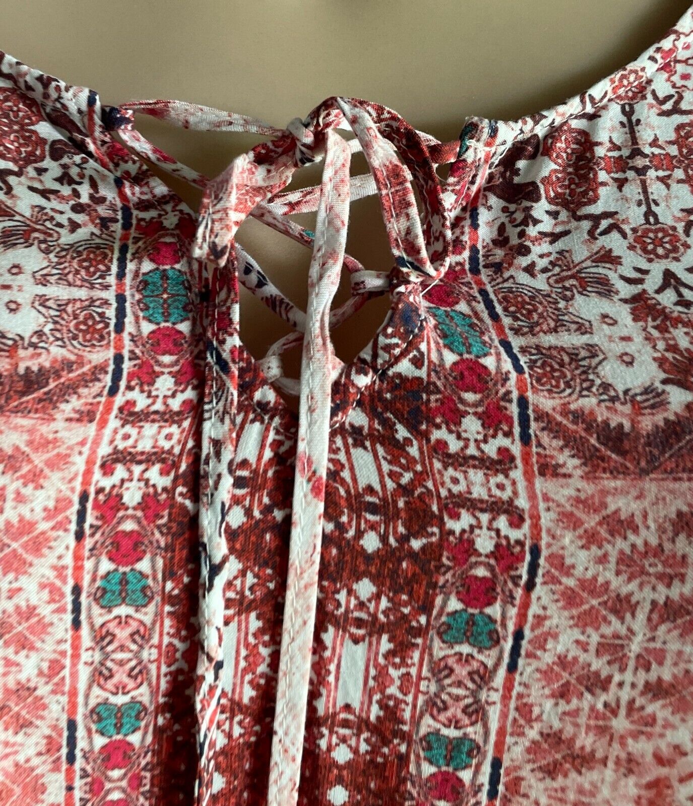 AUTOGRAPH Dress A-Line Rust Coral Pink Green White Print 3/4 Bell Sleeve Size 14