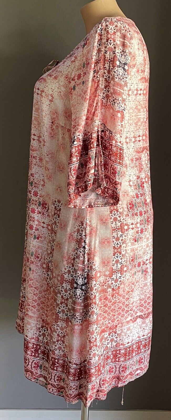AUTOGRAPH Dress A-Line Rust Coral Pink Green White Print 3/4 Bell Sleeve Size 14