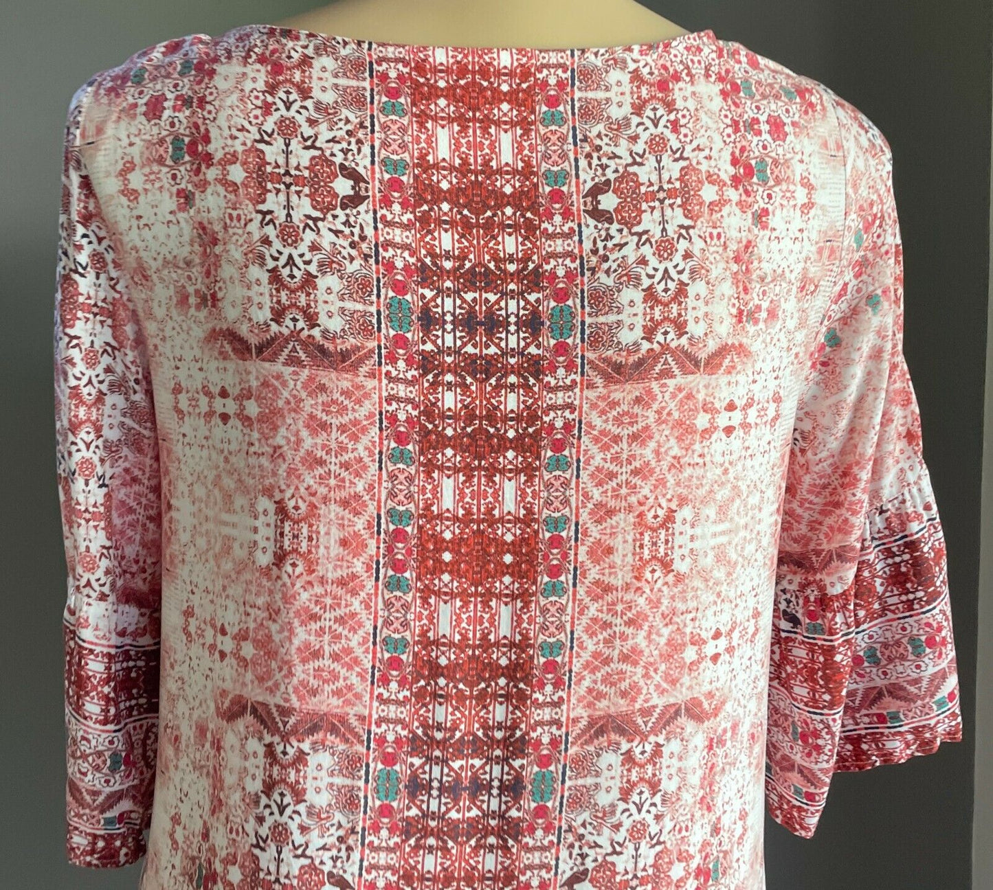 AUTOGRAPH Dress A-Line Rust Coral Pink Green White Print 3/4 Bell Sleeve Size 14