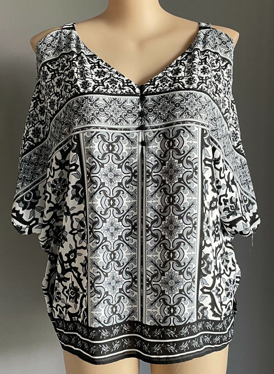 AUTOGRAPH Top Cold Shoulder Black & White Print Kimono Blouse Plus Size 18