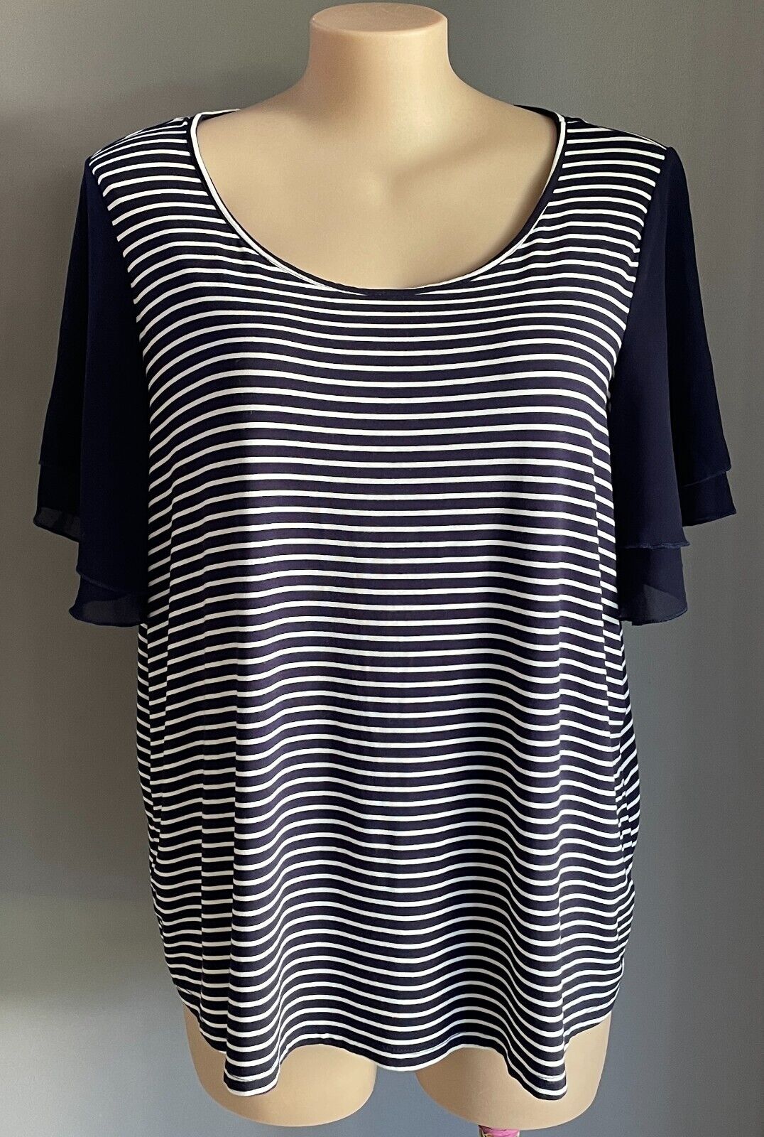 AUTOGRAPH Top Blue White Stripe T-Shirt Short Chiffon Flutter Sleeve Size 24 NEW