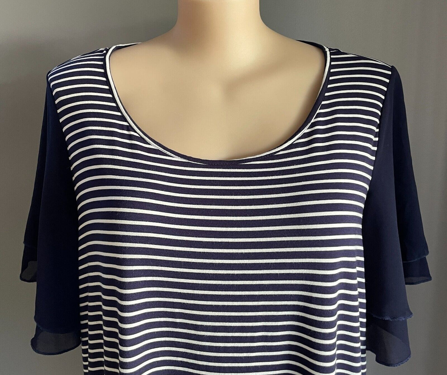 AUTOGRAPH Top Blue White Stripe T-Shirt Short Chiffon Flutter Sleeve Size 24 NEW