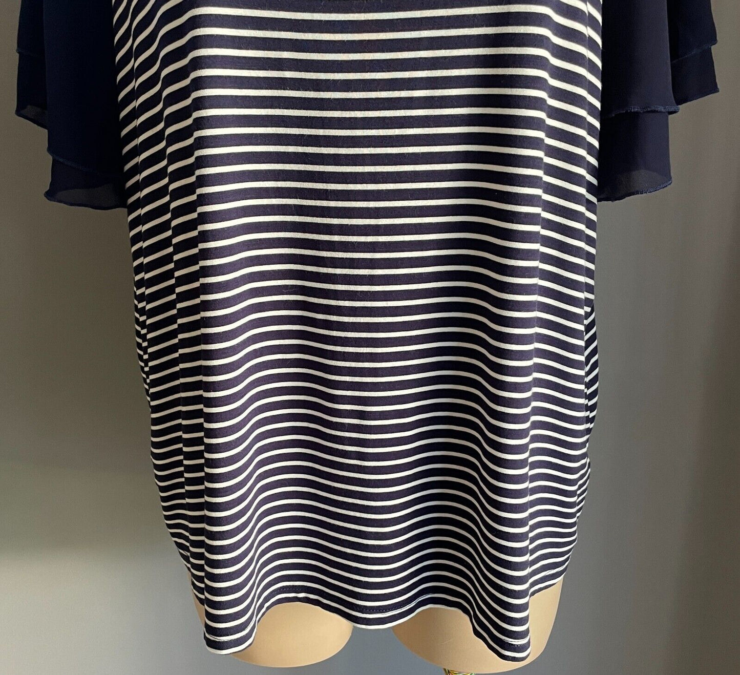 AUTOGRAPH Top Blue White Stripe T-Shirt Short Chiffon Flutter Sleeve Size 24 NEW
