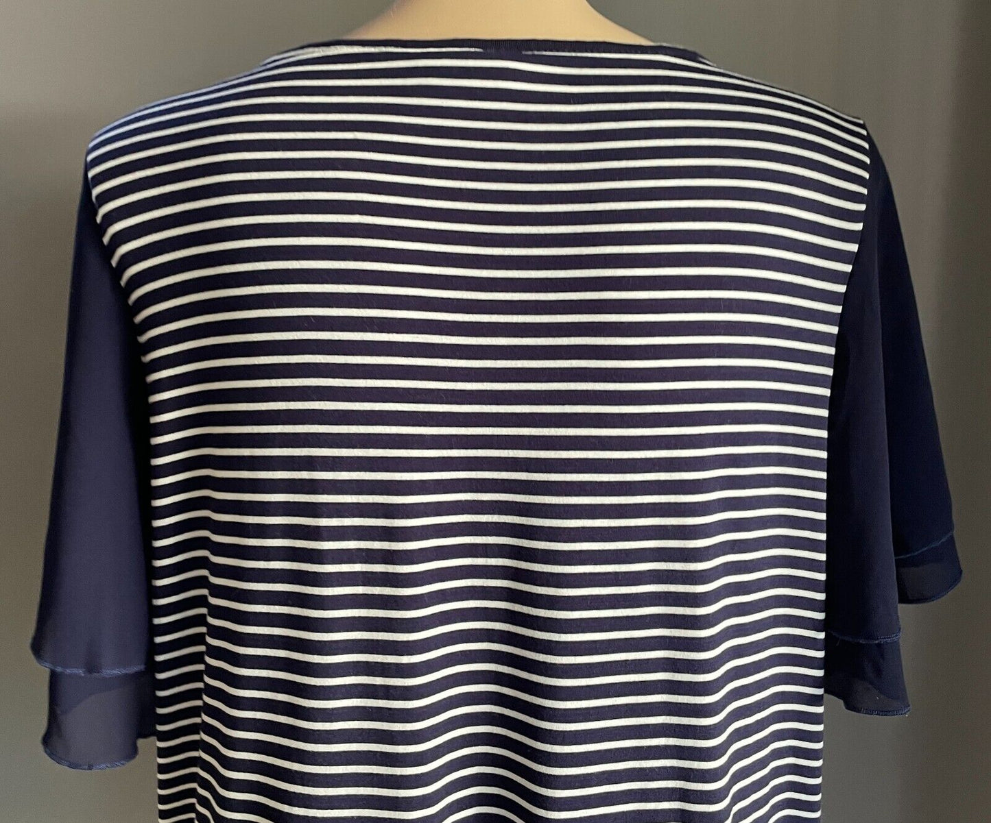 AUTOGRAPH Top Blue White Stripe T-Shirt Short Chiffon Flutter Sleeve Size 24 NEW