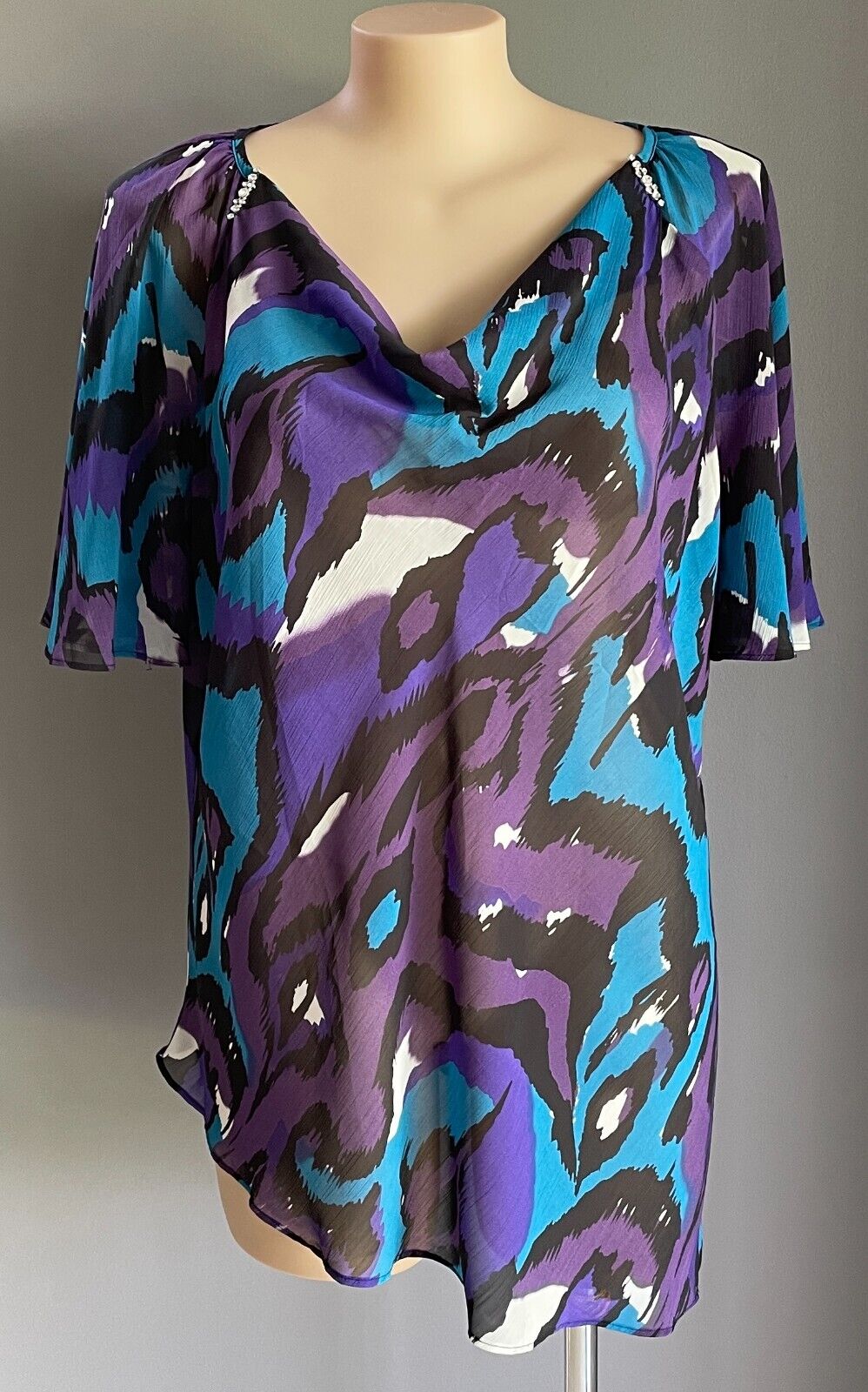 AUTOGRAPH Top Semi Sheer Purple Blue Black White Brooch Cowl Neck Blouse Size 24