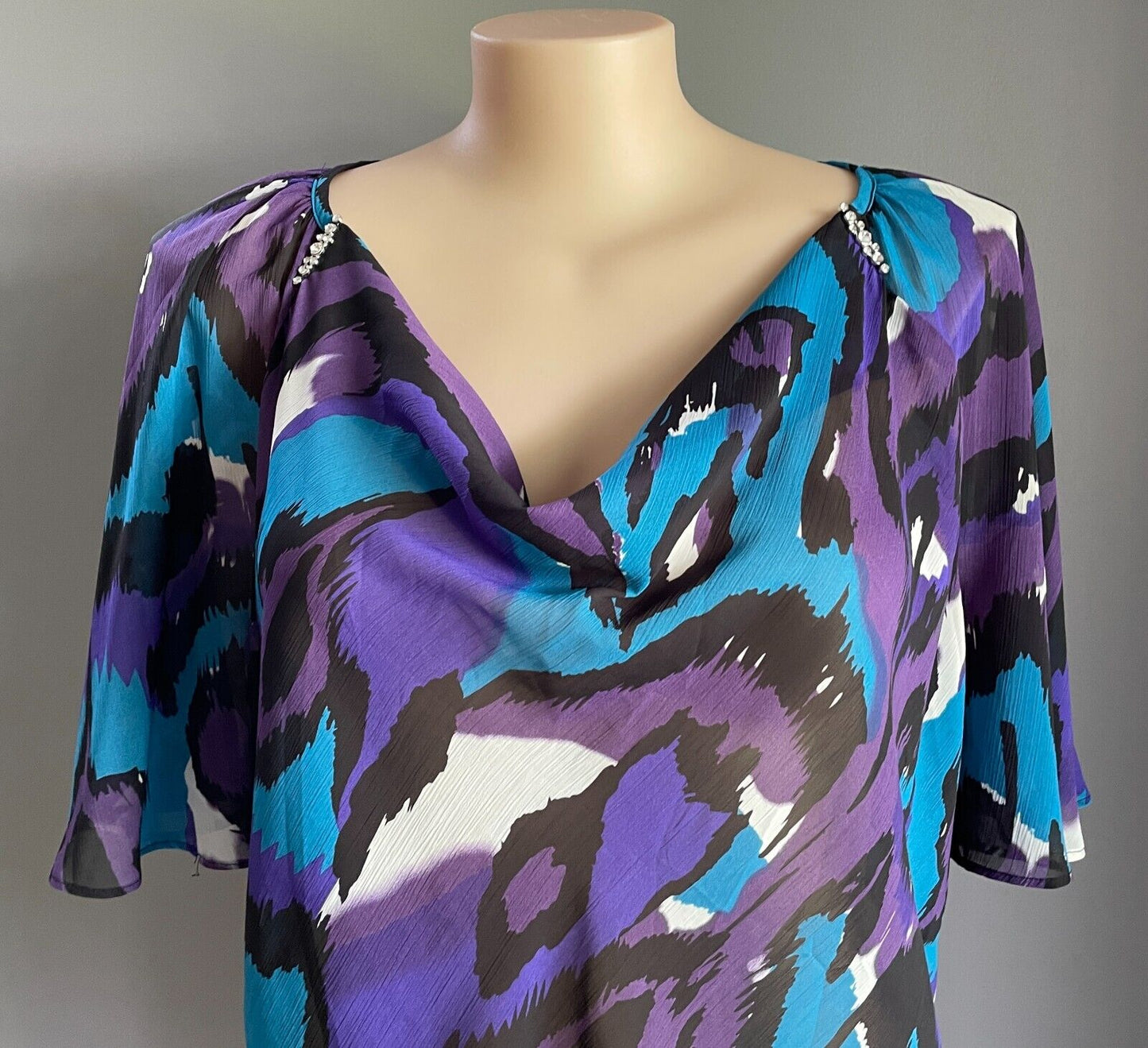 AUTOGRAPH Top Semi Sheer Purple Blue Black White Brooch Cowl Neck Blouse Size 24