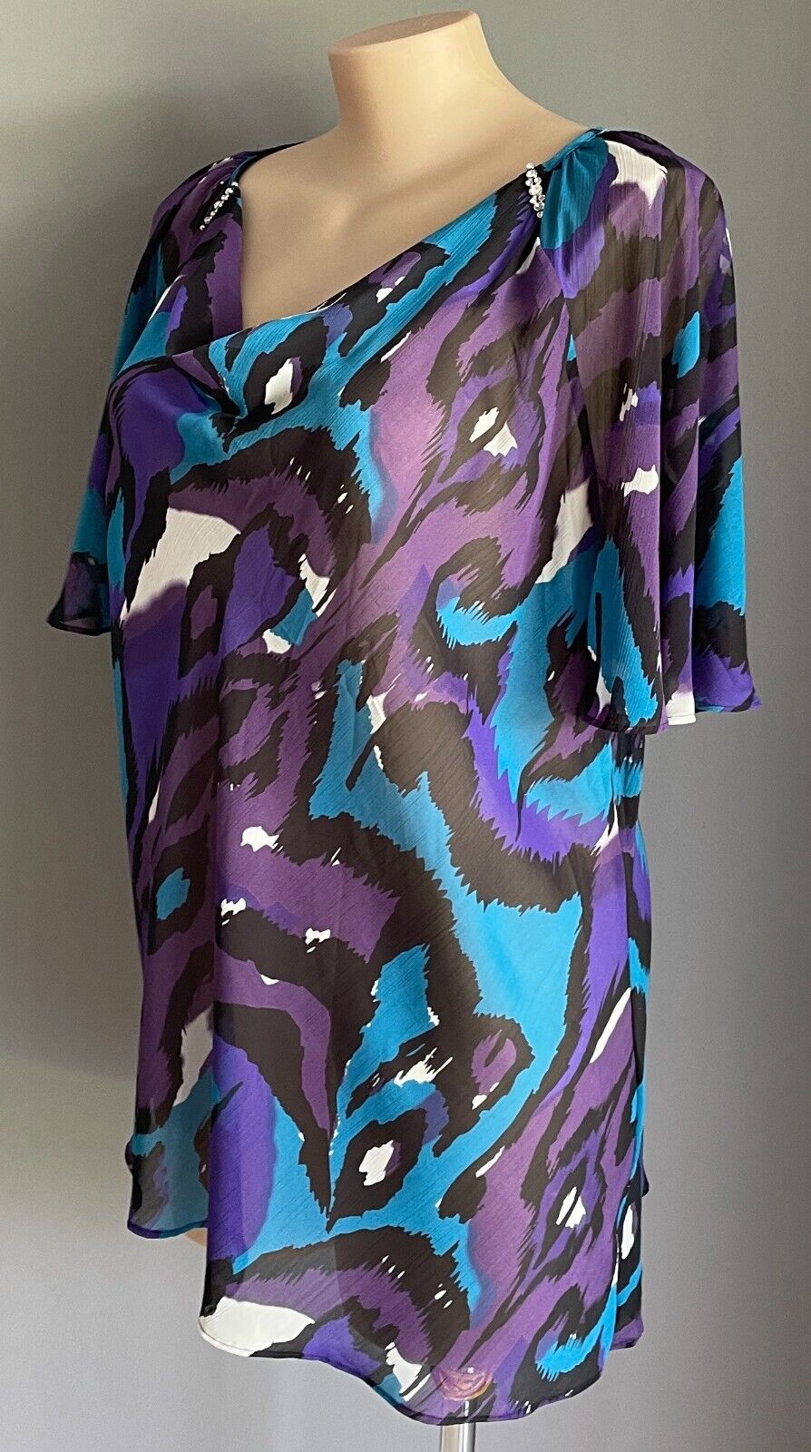 AUTOGRAPH Top Semi Sheer Purple Blue Black White Brooch Cowl Neck Blouse Size 24
