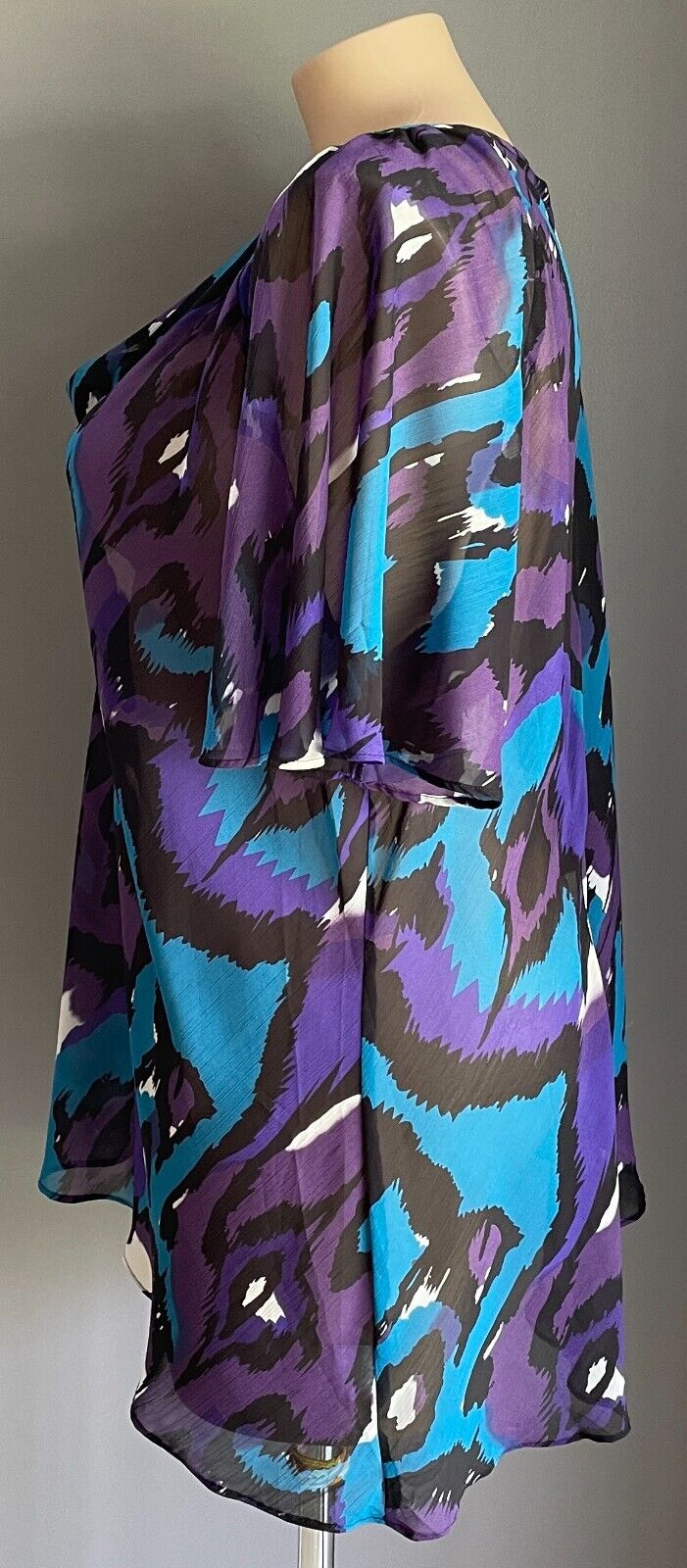 AUTOGRAPH Top Semi Sheer Purple Blue Black White Brooch Cowl Neck Blouse Size 24
