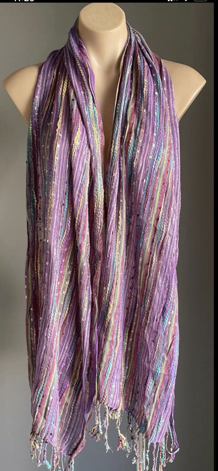 AUTOGRAPH Fringed Scarf Purple MultiColoured Metallic Cotton Rectangle 184x46cm