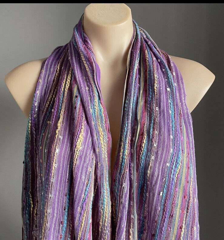 AUTOGRAPH Fringed Scarf Purple MultiColoured Metallic Cotton Rectangle 184x46cm