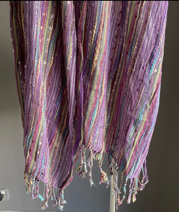 AUTOGRAPH Fringed Scarf Purple MultiColoured Metallic Cotton Rectangle 184x46cm