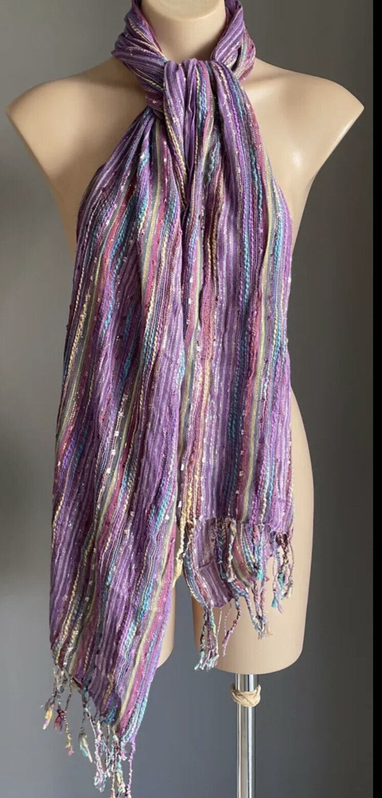 AUTOGRAPH Fringed Scarf Purple MultiColoured Metallic Cotton Rectangle 184x46cm