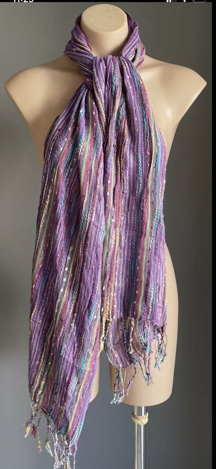AUTOGRAPH Fringed Scarf Purple MultiColoured Metallic Cotton Rectangle 184x46cm