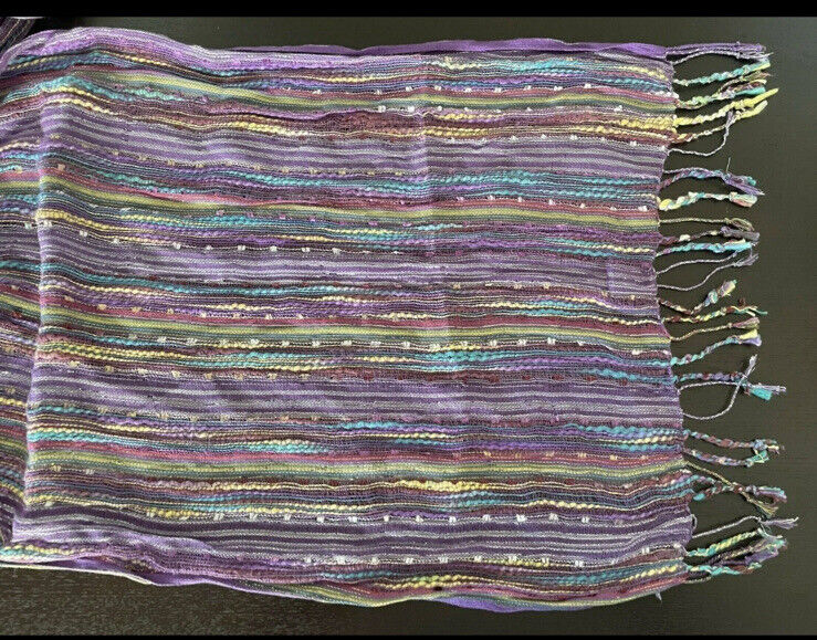 AUTOGRAPH Fringed Scarf Purple MultiColoured Metallic Cotton Rectangle 184x46cm