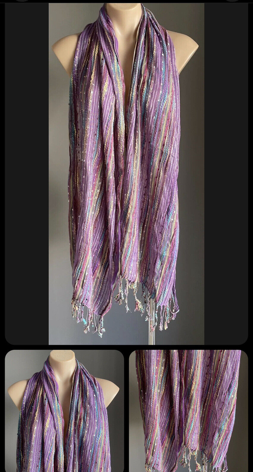 AUTOGRAPH Fringed Scarf Purple MultiColoured Metallic Cotton Rectangle 184x46cm