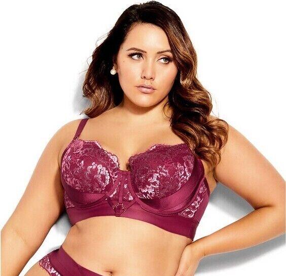CITY CHIC Alexis Contour Longline Bra Garnet Size 20D Lace Trim Underwire NEW